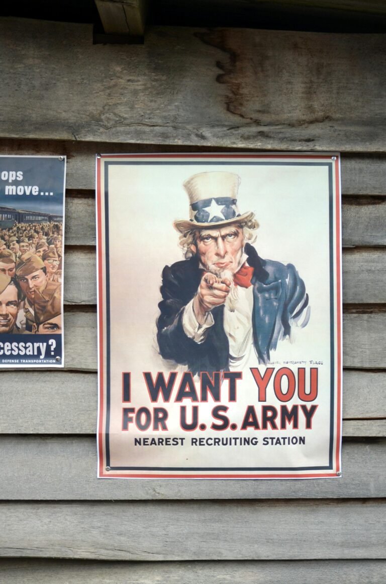 Vintage US Army recruitment poster featuring Uncle Sam on a wooden wall.